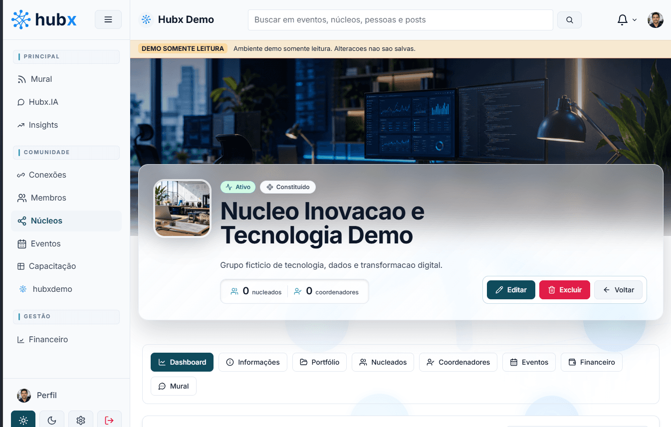 Interface do Hubx Space com a gestão de um núcleo de inovação e tecnologia